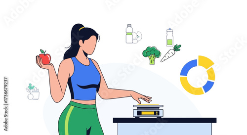 Healthy Lifestyle Illustrated Woman Weighing Food For Optimal Diet And Well-Being