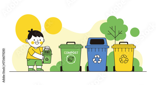 Illustration of a kid recycling waste, sorting trash by using different recycling bins