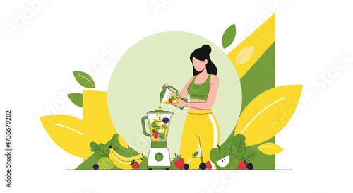 Healthy Lifestyle: Woman Preparing Fresh Smoothie With Vibrant Colorful Fruits and Vegetables