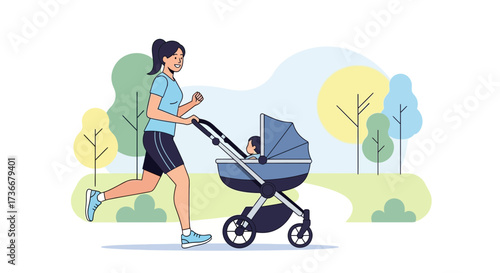Healthy mother jogging with baby in stroller outdoors on a sunny day in the park