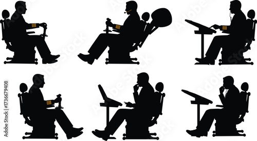 Silhouette worker, control room operator, seated professional, pilot at desk, office worker thinking, drafting design, communication headset, cockpit control