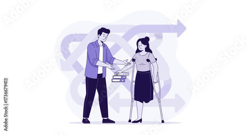 Illustration of a man assisting a woman with crutches, showing care and support