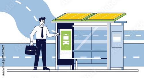 Illustration of a man at a bus stop with solar panels, sustainable transportation method