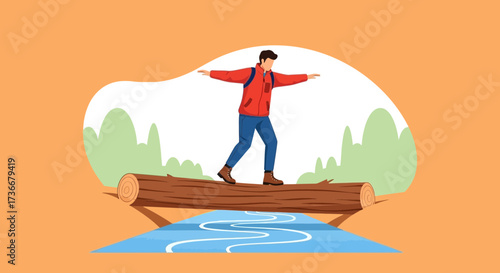 Illustration of a man balancing on a log over water in a nature scene vector