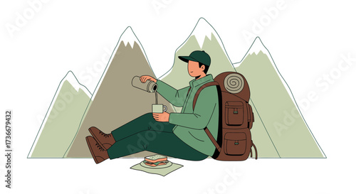 Hiker Enjoying Coffee Break Near Majestic Mountain Peaks For Refreshment And Relaxation