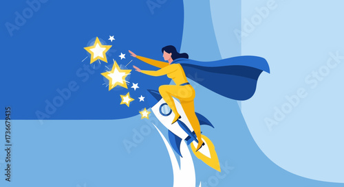 Heroine Reaching For Stars While Riding A Rocket In The Sky To Conquer