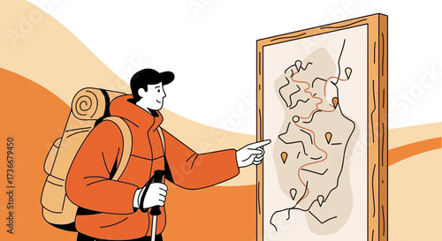 Hiker pointing on a map, preparing for adventure Illustration with adventure concept