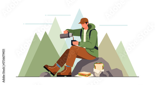 Hiker Taking A Break, Pouring Drink And Enjoying Spectacular Mountain Views