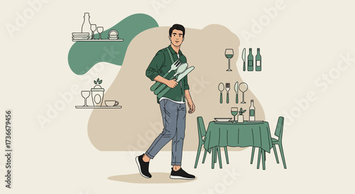 Illustration of a man carrying cutlery for a restaurant ready to serve