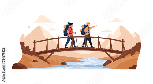 Hikers crossing bridge in scenic mountains illustration for travel and outdoor activities