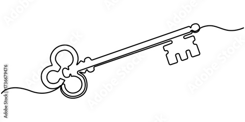 Continuous One line drawing of Antique Key. Symbolizing mystery with a minimalistic key design, Security concept continuous line art. Editable outline. 