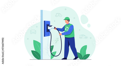 Illustration of a man charging an electric vehicle at a charging station to save environment