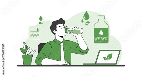 Illustration of a man drinking water at his desk with a laptop eco-friendly concept