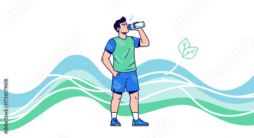 Hydration Enthusiast Taking A Drink With Fluid Waves, Promoting Healthy Lifestyle