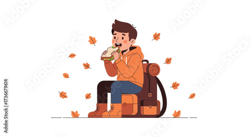 Illustration of a Man Eating a Sandwich During Autumn Camping Trip Outdoor