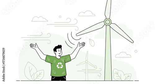 Illustration of a Man Embracing Renewable Energy: Wind Turbines and Eco-Friendly Lifestyle