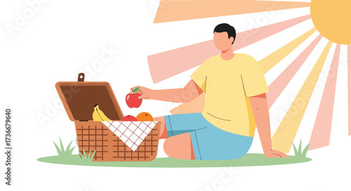 Illustration of a man enjoying a picnic in the park with a basket of food and drinks
