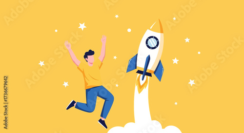 Illustration of a man excited about rocket launch, startup and business development success