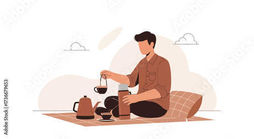 Illustration Of A Man Enjoying A Relaxing Tea Break Outdoors In A Serene Setting