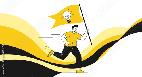 Idea Pursuit: A Person Running Forward While Holding A Flag With A Lightbulb Symbol