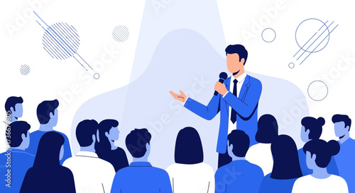 Illustration of a man giving a speech to an audience using a microphone