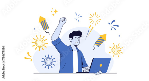 Illustration of a man happily celebrating with fireworks and a laptop online achievement