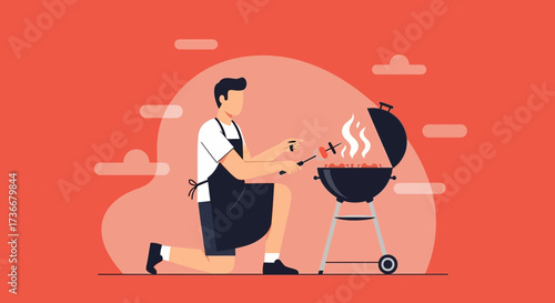 Illustration of a man grilling food on the bbq, red background vector design