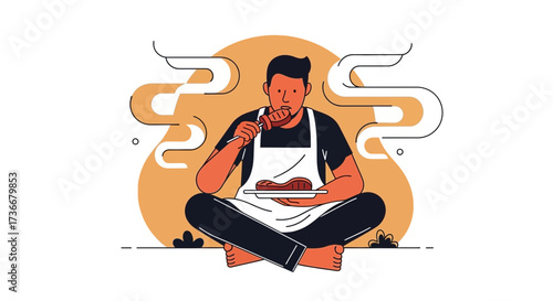 Illustrated Man Savoring Grilled Meat While Seated in Relaxed Lotus Position