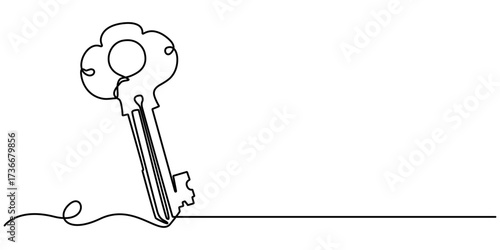 Continuous One line drawing of Antique Key. Symbolizing mystery with a minimalistic key design, Security concept continuous line art. Editable outline. 