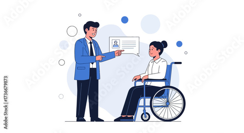 Illustration of a man helping a woman in a wheelchair with their documents for legal purposes