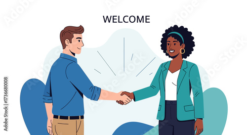 Illustration depicting a welcoming handshake between two diverse business colleagues