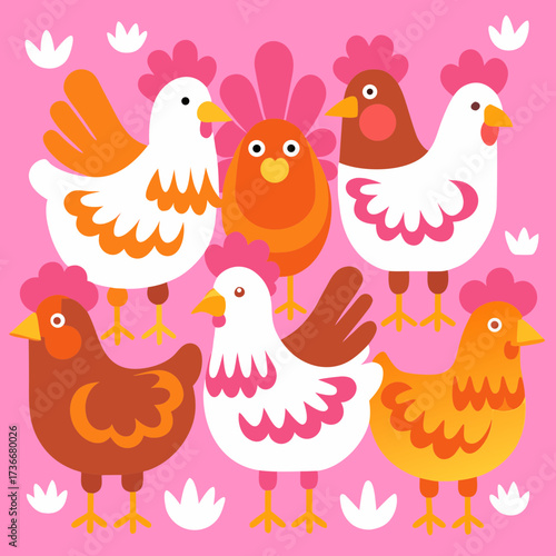 Six Stylized Chickens and Roosters with Flowers on Pink