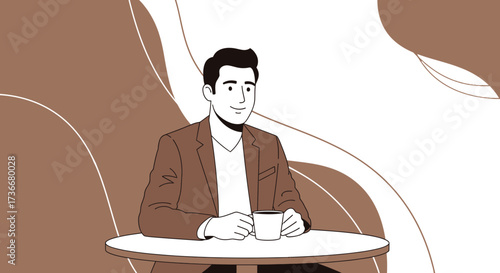 Illustration of a man in a blazer sitting at a table holding a coffee cup