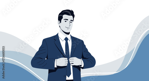 Illustration of a Man in a Business Suit Fastening His Jacket with a Minimal Design