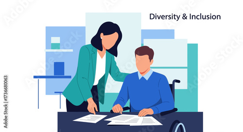 Illustration depicting diversity, inclusion and business collaboration in a modern office setting