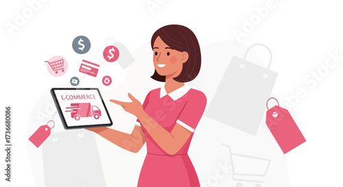 Illustration depicting e-commerce concept featuring shopping, woman, and payment icons
