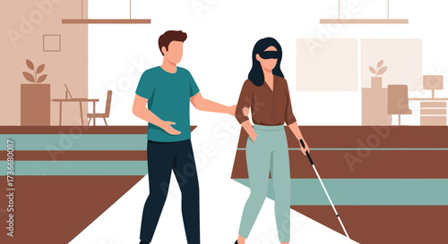 Illustration depicting helping a visually impaired person to walk in a building indoor