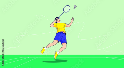 Illustration of a badminton player in action, with a shuttlecock in mid-air, minimal design