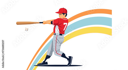 Illustration of a baseball player swinging a bat to hit a ball in action sports game