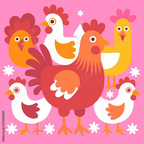 Group of Six Stylized Chickens and Roosters on Pink