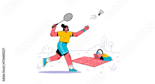 Illustration of a badminton player in action during a picnic with a shuttlecock