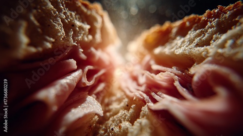 Detailed view of a ham sandwich with layers of thinly sliced ham between two slices of rustic bread.