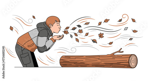 Illustration of a boy blowing leaves during autumn with a wooden log design
