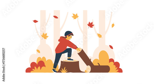 Illustration of a Boy Chopping Wood in an Autumn Forest with Falling Leaves Scenes