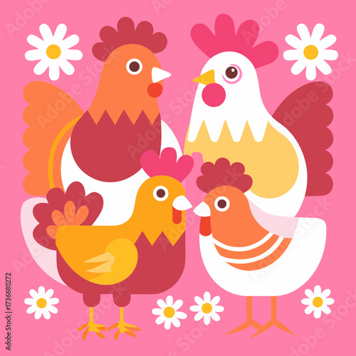 Four Stylized Chickens and Roosters with Flowers on Pink