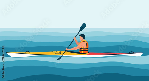 Illustration of a man kayaking on the water with the blue sky on the background