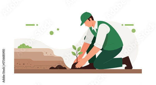 Illustration of a man planting a tree symbolizing environmental conservation and growth