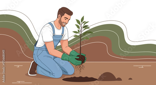 Illustration of a man planting a tree outdoors with a positive and hopeful vibe
