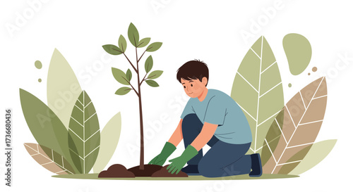 Illustration of a Man Planting a Tree, Environment, Nature, and Conservation Concept