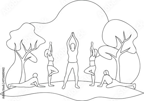 Group yoga session outdoors one line art vector illustration transparent background